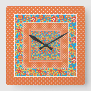 Horloge murale carré, Orange Floral et Pois