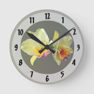 Horloge murale Carré Pale Jaune Cattleya Orchidées