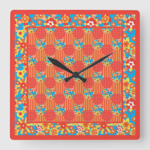 Horloge murale carré, Patchwork florale orange Dit