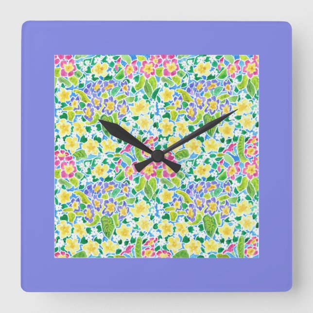 Horloge murale carré, Primroses printanières, Bleu (Recto)