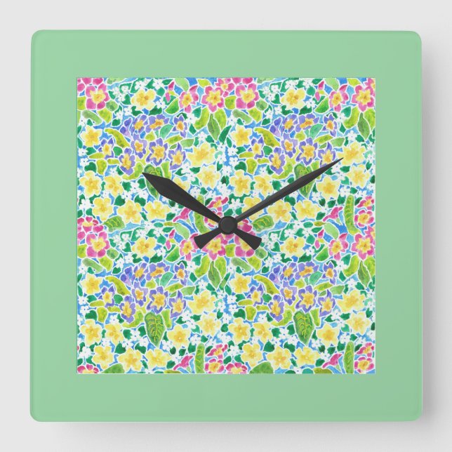 Horloge murale carré, Primroses printanières, Vert (Recto)