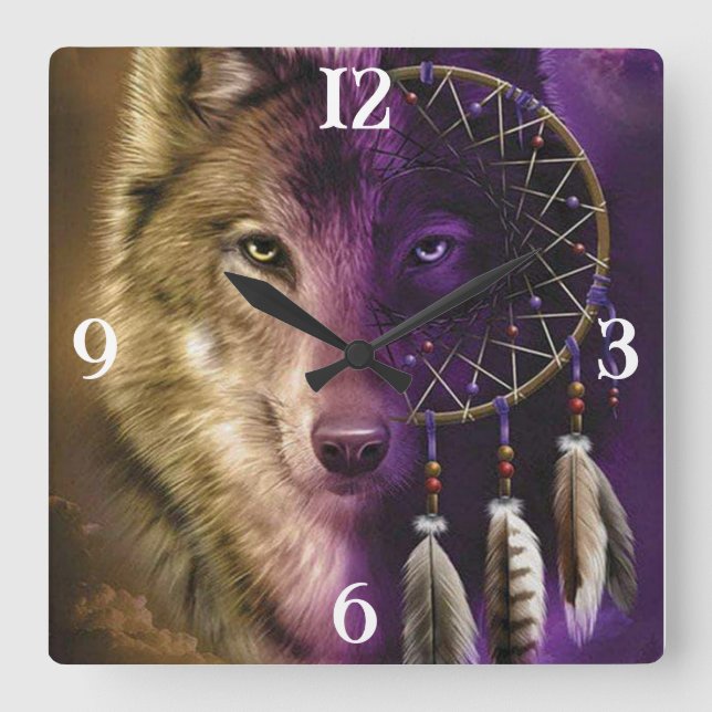 Horloge murale Carré Wolf et Dream Catcher (Recto)