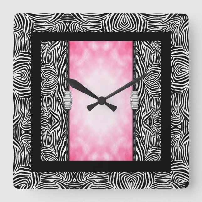 Horloge murale carré/Zèbre Impression et diamants (Recto)
