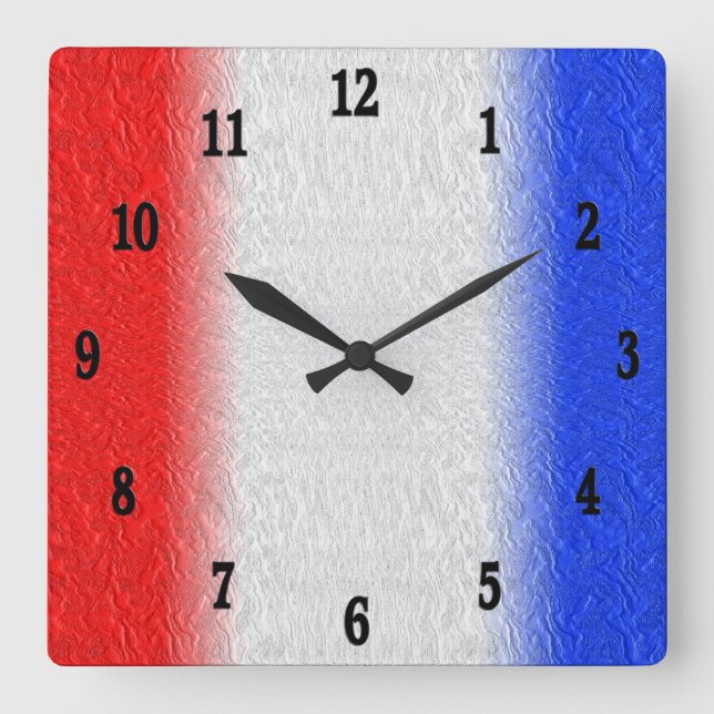 Horloge murale carrée à rayures rouge blanc et ble (Recto)