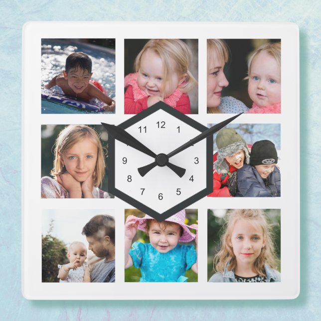 Horloge murale carrée blanche avec collage de 8 ph (Créateur téléchargé)