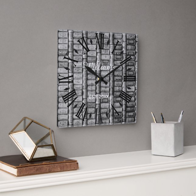 Horloge murale carrée élégante avec bouchon de vin (Bureau)