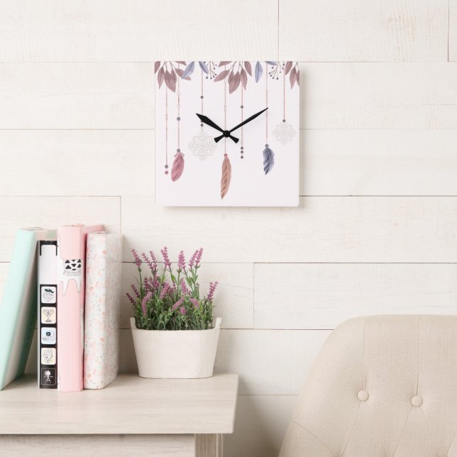 Horloge murale carrée en acrylique Boho Feathers 1 (Salle de lecture)