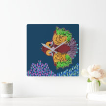 Horloge murale carrée en art de poisson abstrait d
