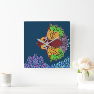 Horloge murale carrée en art de poisson abstrait d