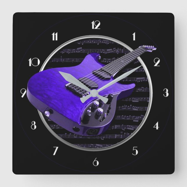 Horloge murale carrée guitare électrique violette (Recto)