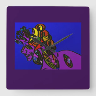 Horloge murale carrée Nymphe florale multicolore