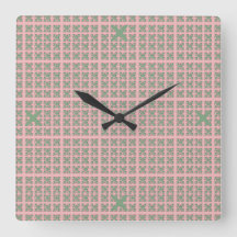 Horloge murale carrée rose et verte à carreaux
