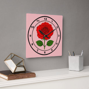 Horloge murale carrée Rose rouge