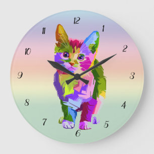 Horloge murale chat en art numérique multicolore