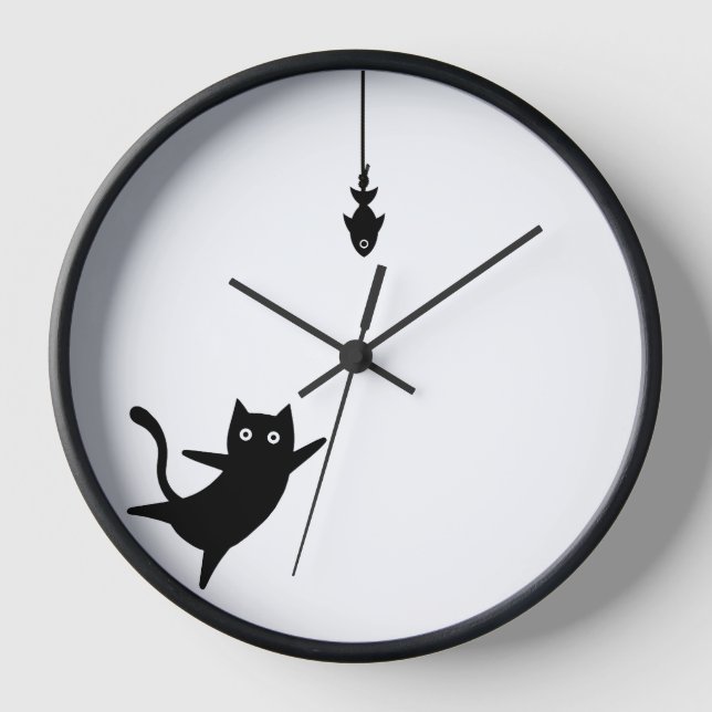 Horloge murale chat noir attrape un poisson (Recto)