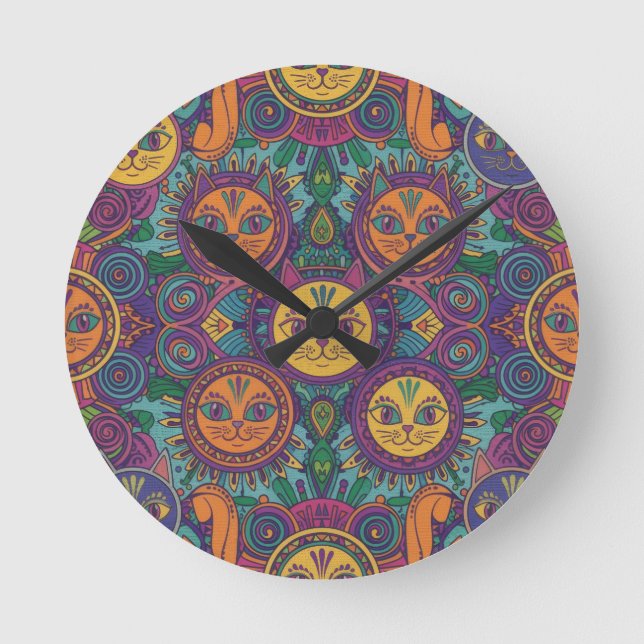 Horloge murale chat psychédélique colorée (Recto)