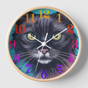 Horloge murale chat rétro – Fond rayé vintage,