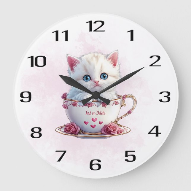 Horloge murale chaton dans une tasse fleurs roses (Recto)