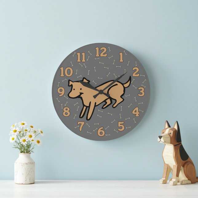 Horloge murale Chien Mignon avec grands chiffres d (Cute and whimsical playful dog wall clock for a dog lover's home.)