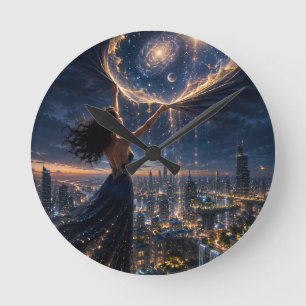 Horloge murale citadine fantaisiste nuit étoilée