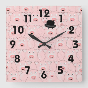 Horloge murale cochon dans un chapeau