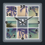Horloge murale collage photo avec monogramme de no<br><div class="desc">Horloge murale collage photo personnalisée avec le nom exclusif monogramme. Design élégant de mur carré avec bordure classe et nom lettre initiale au centre. Couleur arrière - plan personnalisable par exemple gris. L'exemple modèle présente des feuilles de palmiers tropicaux et des scènes côtières exotiques. Téléchargez plusieurs images et personnalisez le...</div>