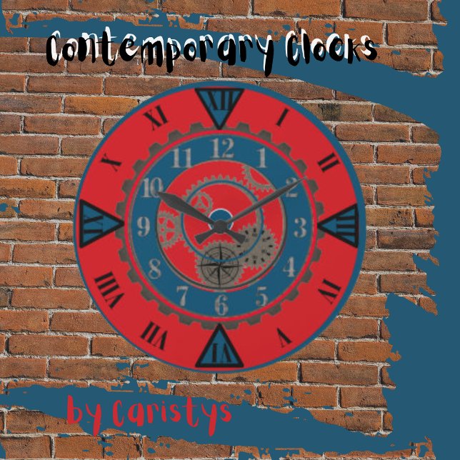 Horloge murale contemporaine rouge et bleu Steampu (Contemporary Clocks available in various colors.)