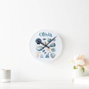 Horloge murale Coquillage bleu   Nom personnalisé