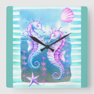 Horloge murale couleur aquarelle hippocampe et coq
