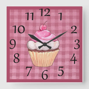 Horloge murale Cupcake rose à carreaux adorable