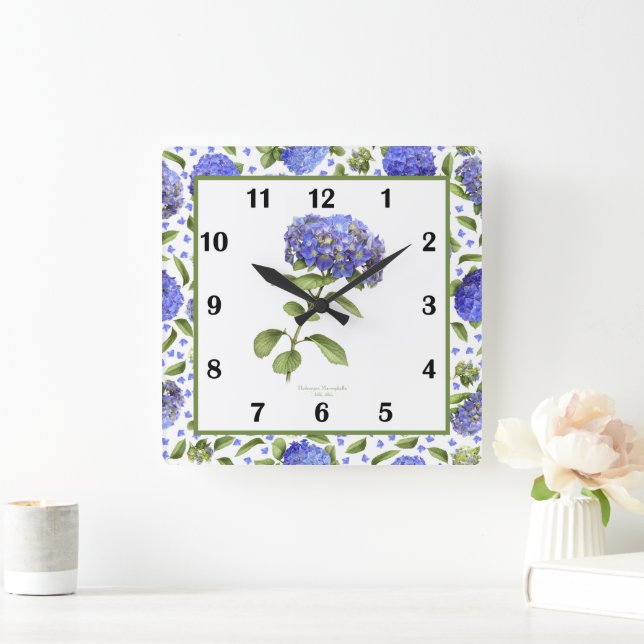 Horloge murale d'art botanique Blue Hydrangeas (Maison)