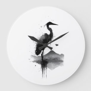 Horloge murale d'art zen Crane Sumi-e japonais