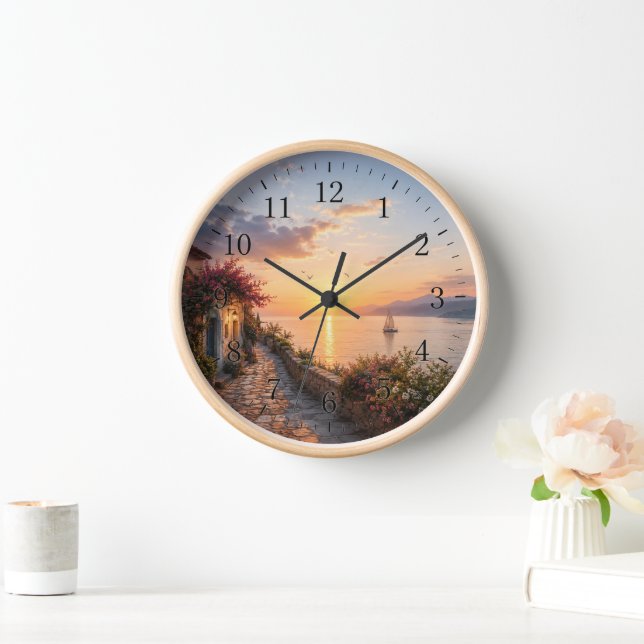 Horloge murale de coucher de soleil côtier serein  (Maison)