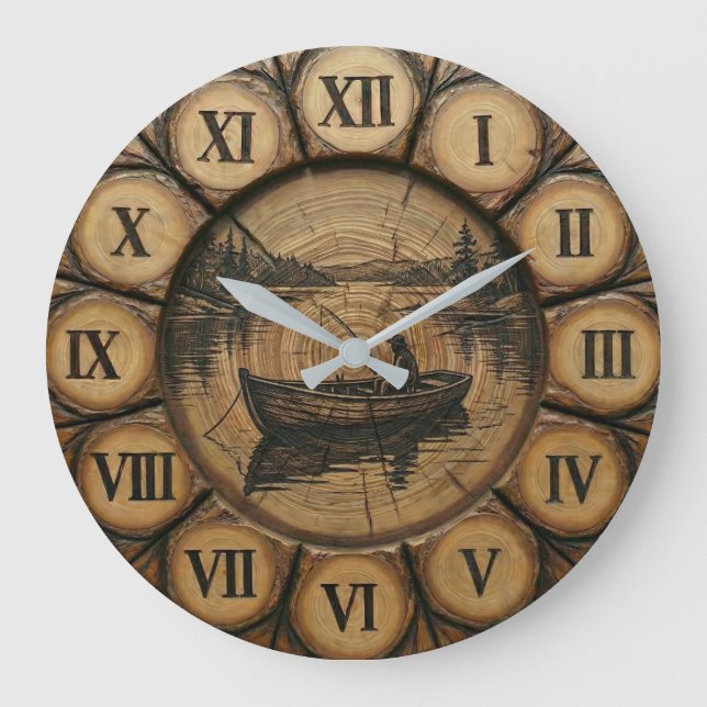 Horloge murale de pêche au lac rustique | Style bo (Recto)