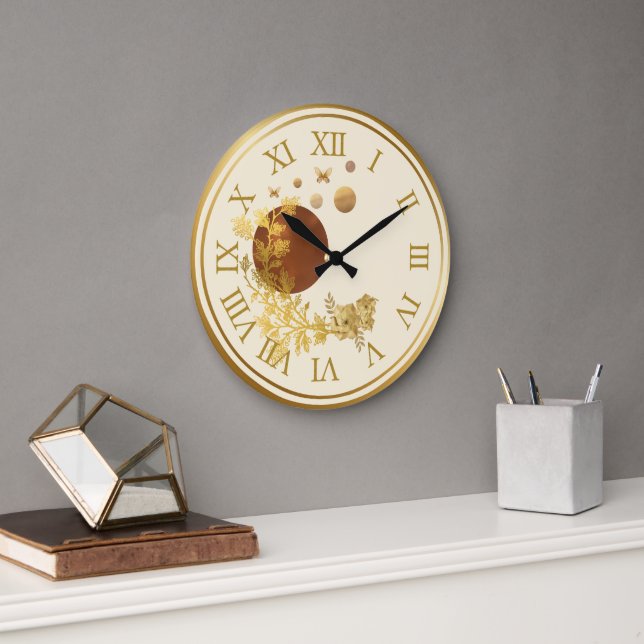 Horloge murale dorée - Planètes et galaxie rose (Bureau)