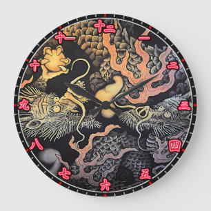 Horloge murale Dragons Temple Japonais Numéros Kan