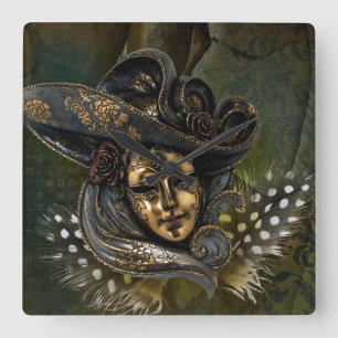 Horloge murale du Carré Carnaval Masque-Vert Damas