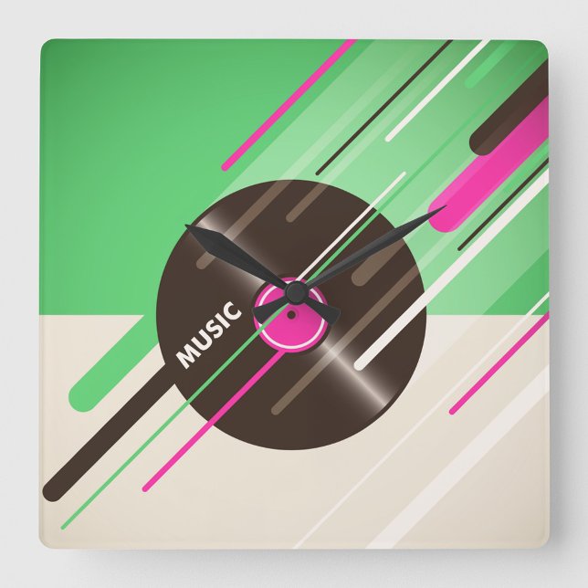 Horloge murale du Carré vinyle (A colorful clock design featuring a vinyl record with bold "Music text!)