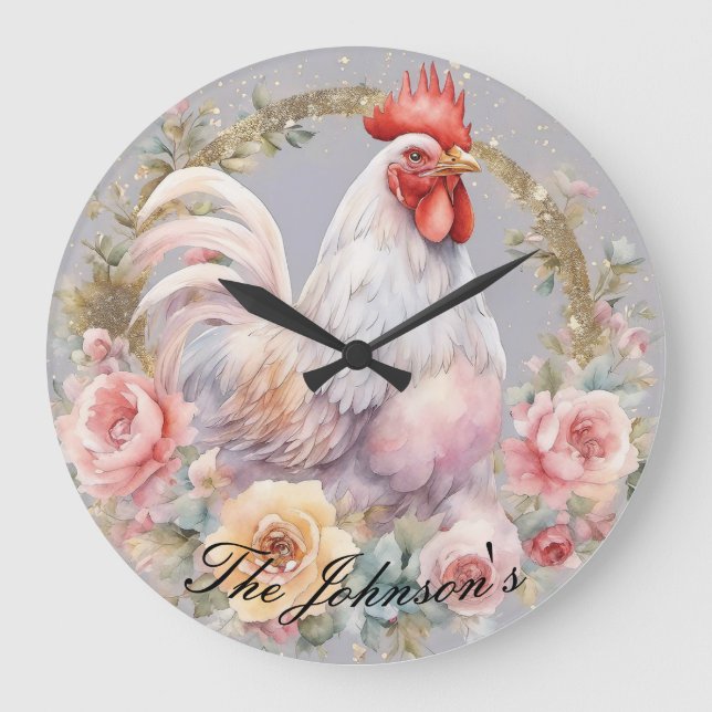 Horloge murale du coq de Parties scintillant or (Recto)