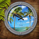 Horloge murale du hublot portatif au paradis<br><div class="desc">Amusante tropicale,  décoration nautique personnalisé "hublot fenêtre" horloge murale.</div>