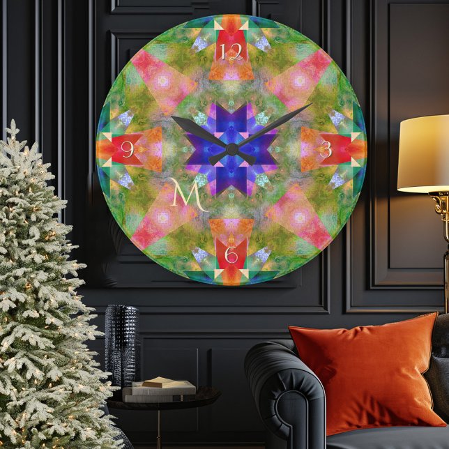 Horloge murale du monogramme d'art géométrique (Festive geometric watercolor art Christmas wall clock)