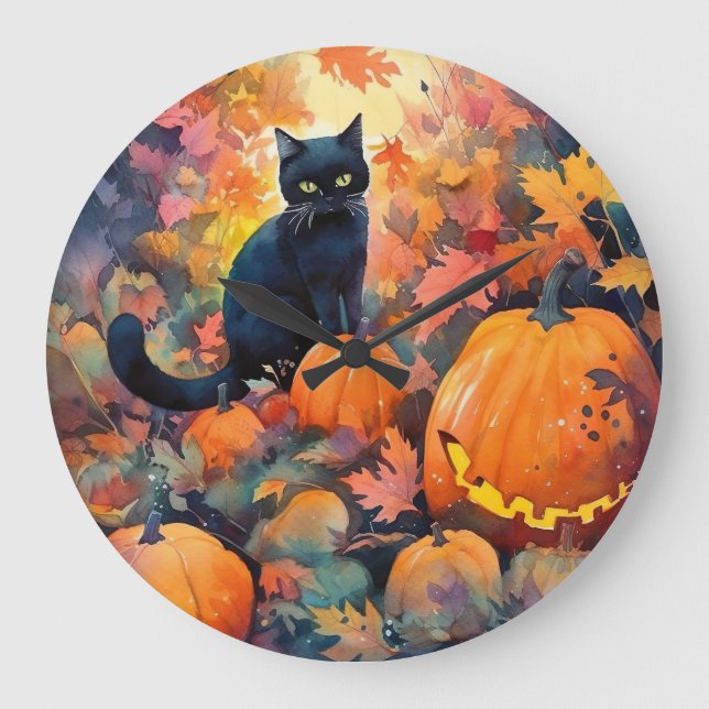 Horloge murale effrayante Halloween chat noir avec (Recto)