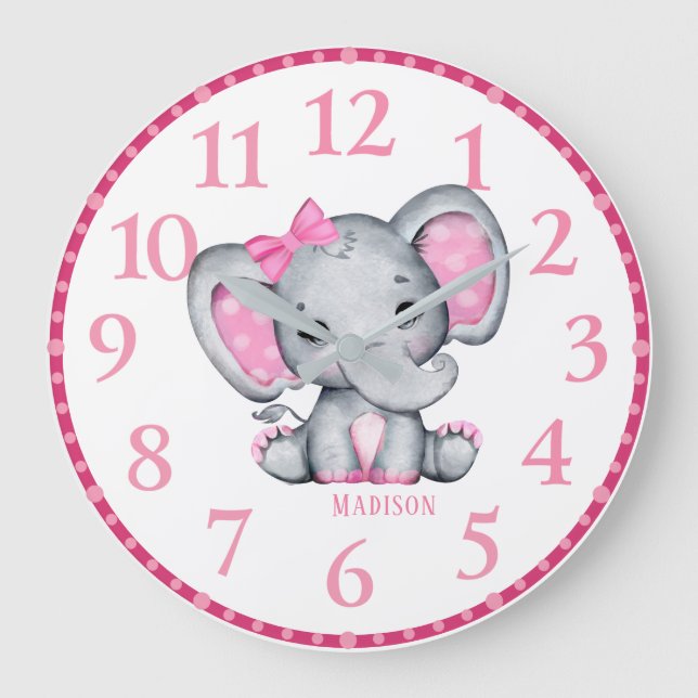Horloge murale éléphant rose personnalisée pour fi (Recto)