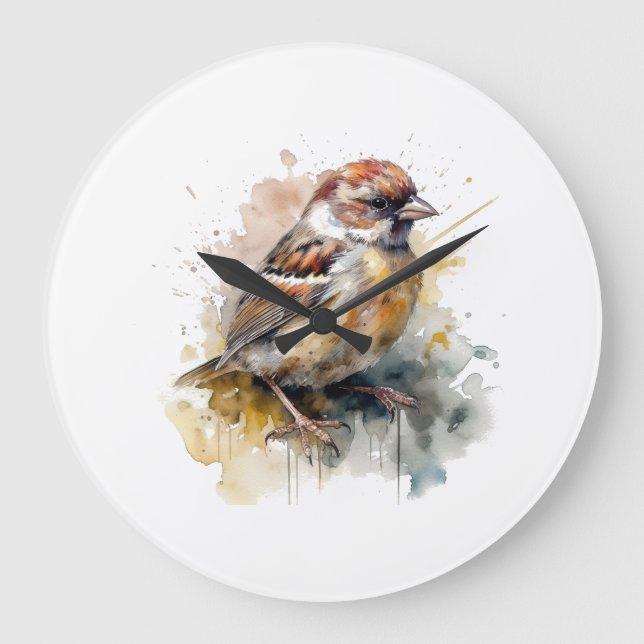 Horloge murale en aquarelle rustique de moineau d' (Recto)