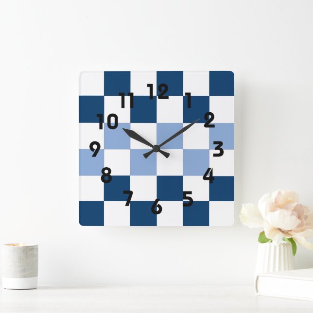Horloge murale en damier bleu et blanc (Maison)