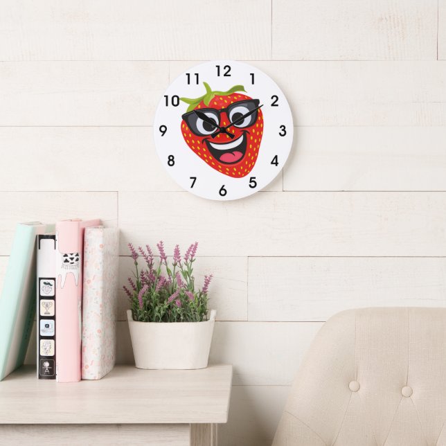 Horloge murale enfant drôle à motif fraise (Salle de lecture)
