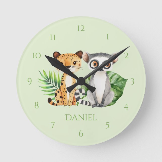 Horloge murale enfant Safari vert Léopard & Singe (Recto)