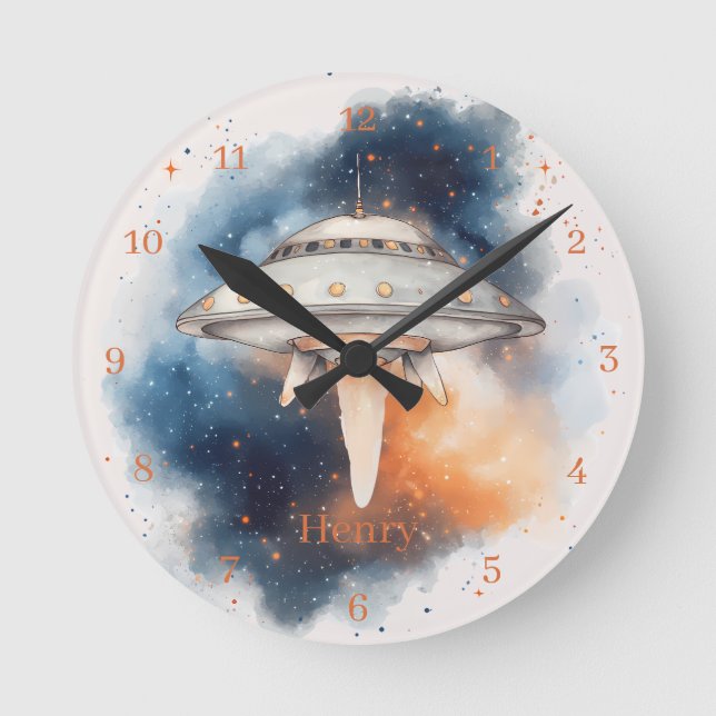 Horloge murale enfant vaisseau spatial ludique (Recto)