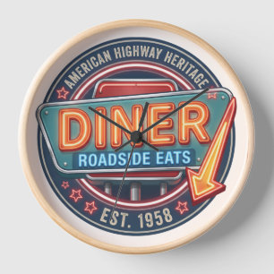 Horloge murale Enseigne néon vintage Diner Roadsid