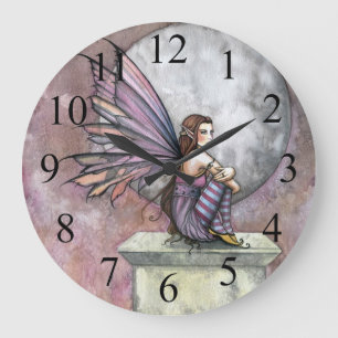 Horloge murale fée violette et rose et lune